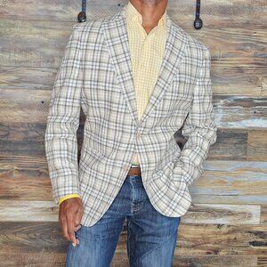 Tallia 100% Linen Beige Plaid Sport Jacket Blazer 44R